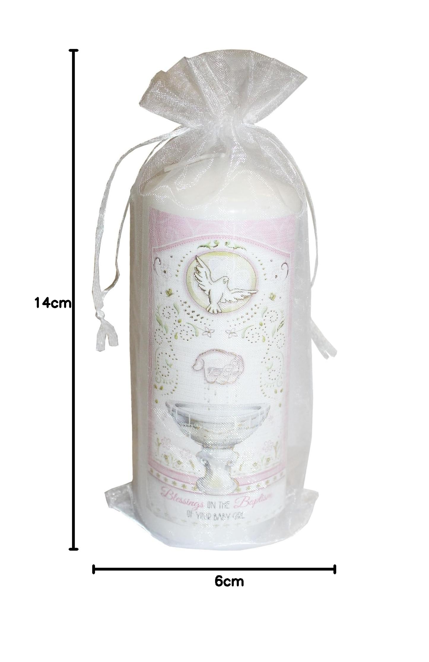 2527 Bougie pilier pour baptême de bébé fille dans un sac en organza