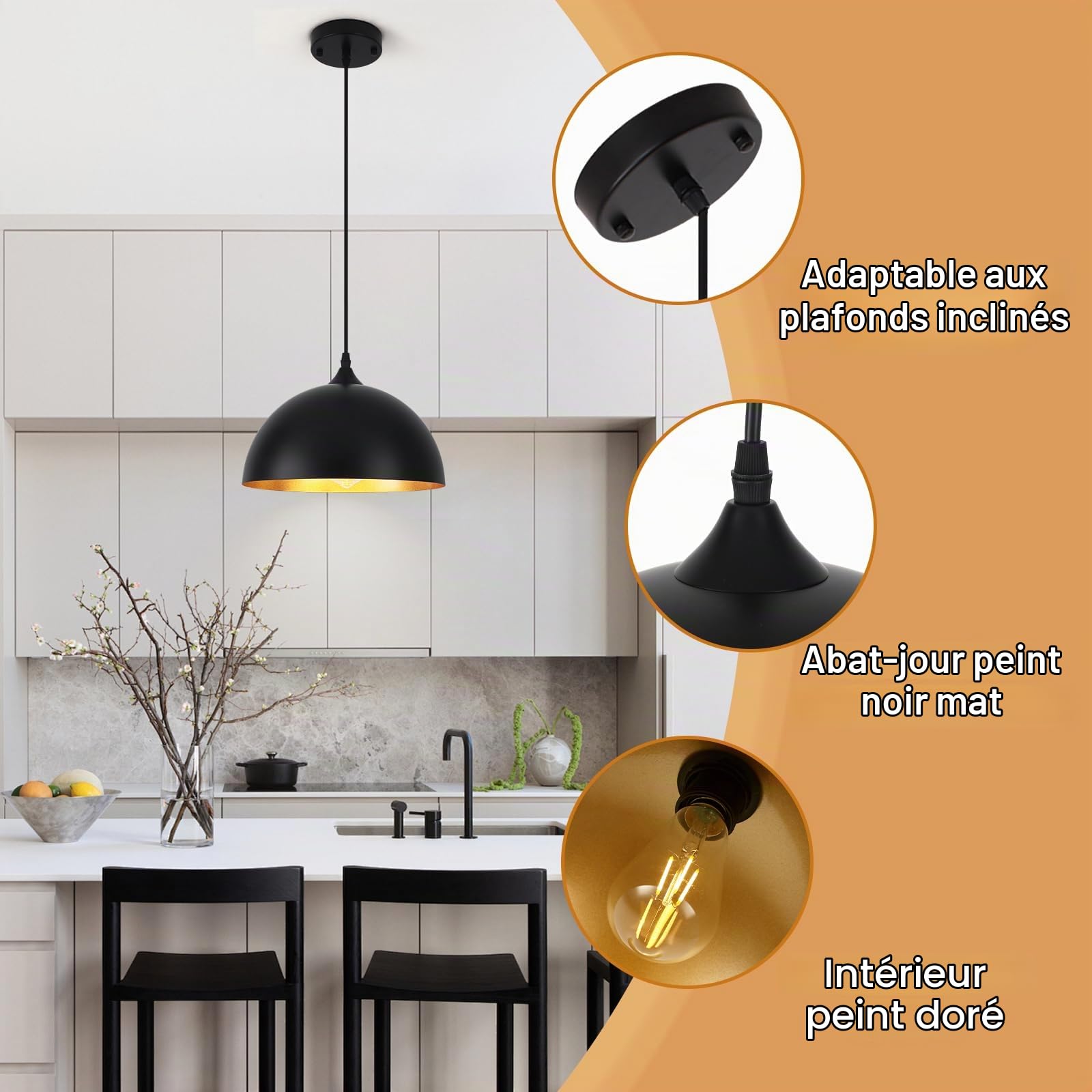 Lot de 3 Suspensions Industrielles, Suspensions Noires et Dorées | Luminaires Suspendus pour îlot de Cuisine pour Chambre à Coucher, Salon, Restaurant, Bar, E27