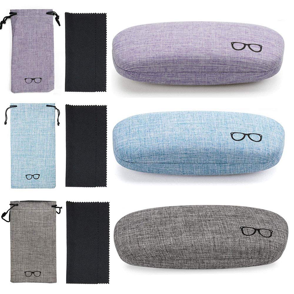 3-Piece Hard Shell Eyeglasses Case, Retro Portable Glasses Case with Linen Fabrics, Sunglasses Pouch and Cleaning Cloth for Women, Men, Kids