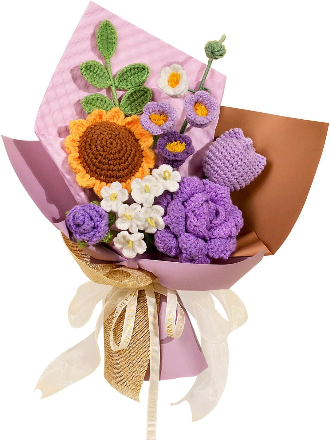 Crochet Flower Bouquet - Crochet Sunflowers, Roses, Tulips, Knitted Flowers for Mother's Day, Graduation, Birthday, Home Décor, Gifts for Mom, Teacher, Friend, Purple