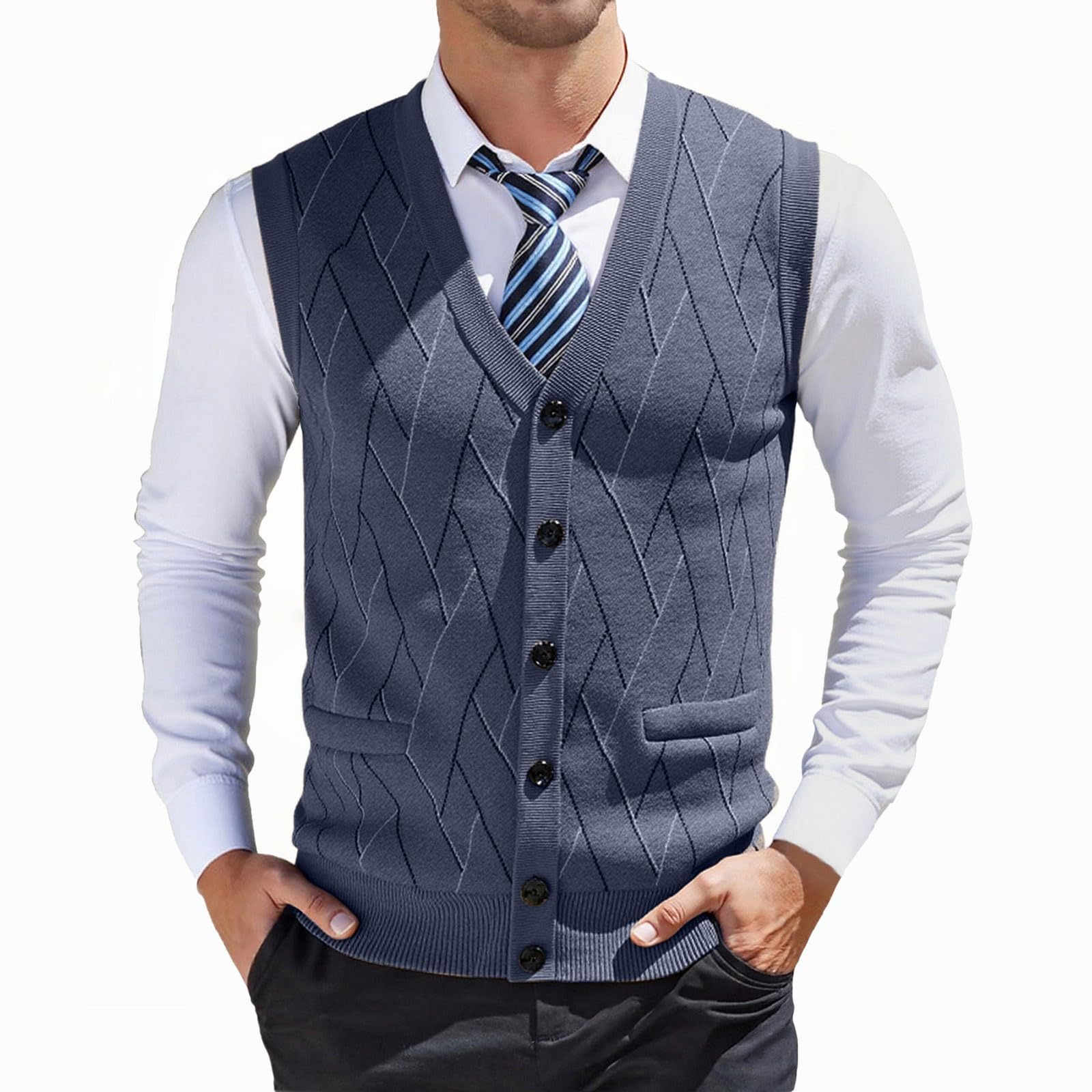 Generisch Herren Pullover Weste V Ausschnitt Business Karomusterdruck Strickweste Casual Cardigan Mit Knopfleiste Pullunder Herren Freizeit Ärmellose Pulloverwestee Strickpullover