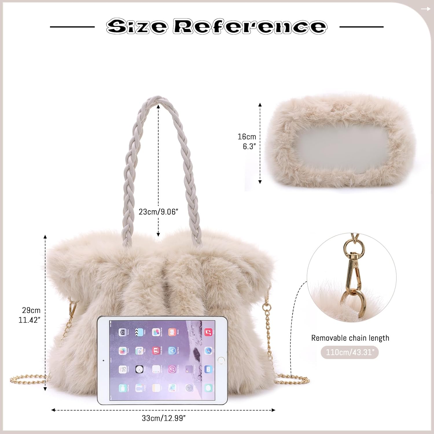 GOKTOW Faux Fur Purse for Women, Soft Fluffy Furry Fuzzy Handbag,3-Way Carry Tote Bag for Winter Daily Commute Shopping - Image 3