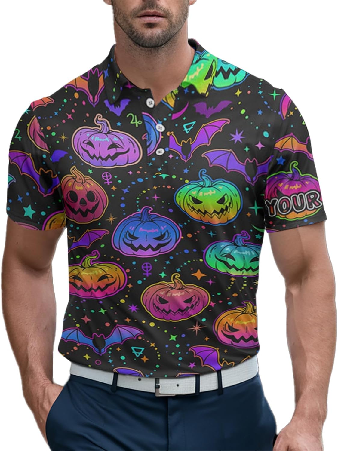 Funny Men's Golf Polo Shirt - Colorful Neon Design on Black Halloween Background - Custom Golf Apparel for Men Performance Golf Polo Shirt Personalized N6153