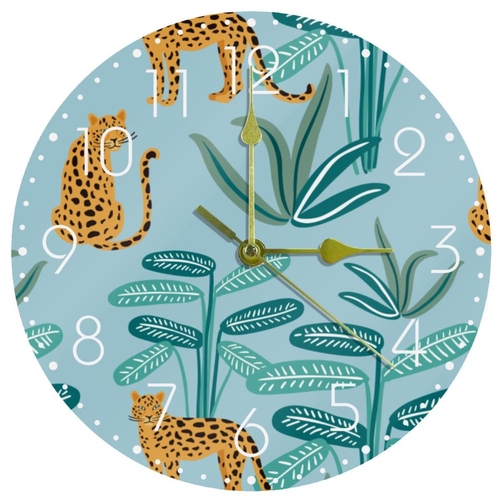 Horloge murale moderne imprimé léopard en acrylique vert silencieuse