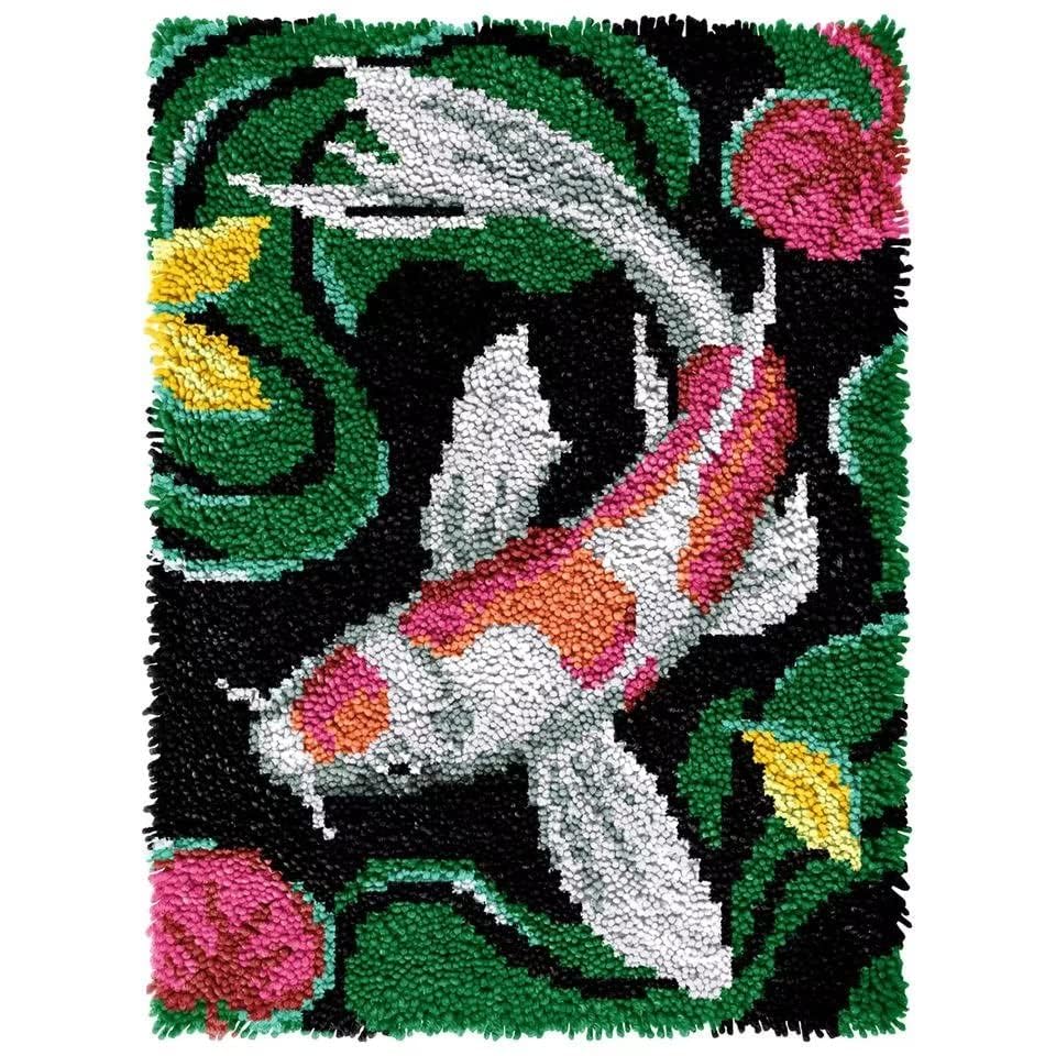 ROCKY&CHAO Latch Hook Kit for Adults & Kids Complete DIY Rug Making Craft Kits with Yarn & Canvas and Crochet Needle, Adult Craft Kits for Women, Relaxing Home Art Project - Koi 50x38CM