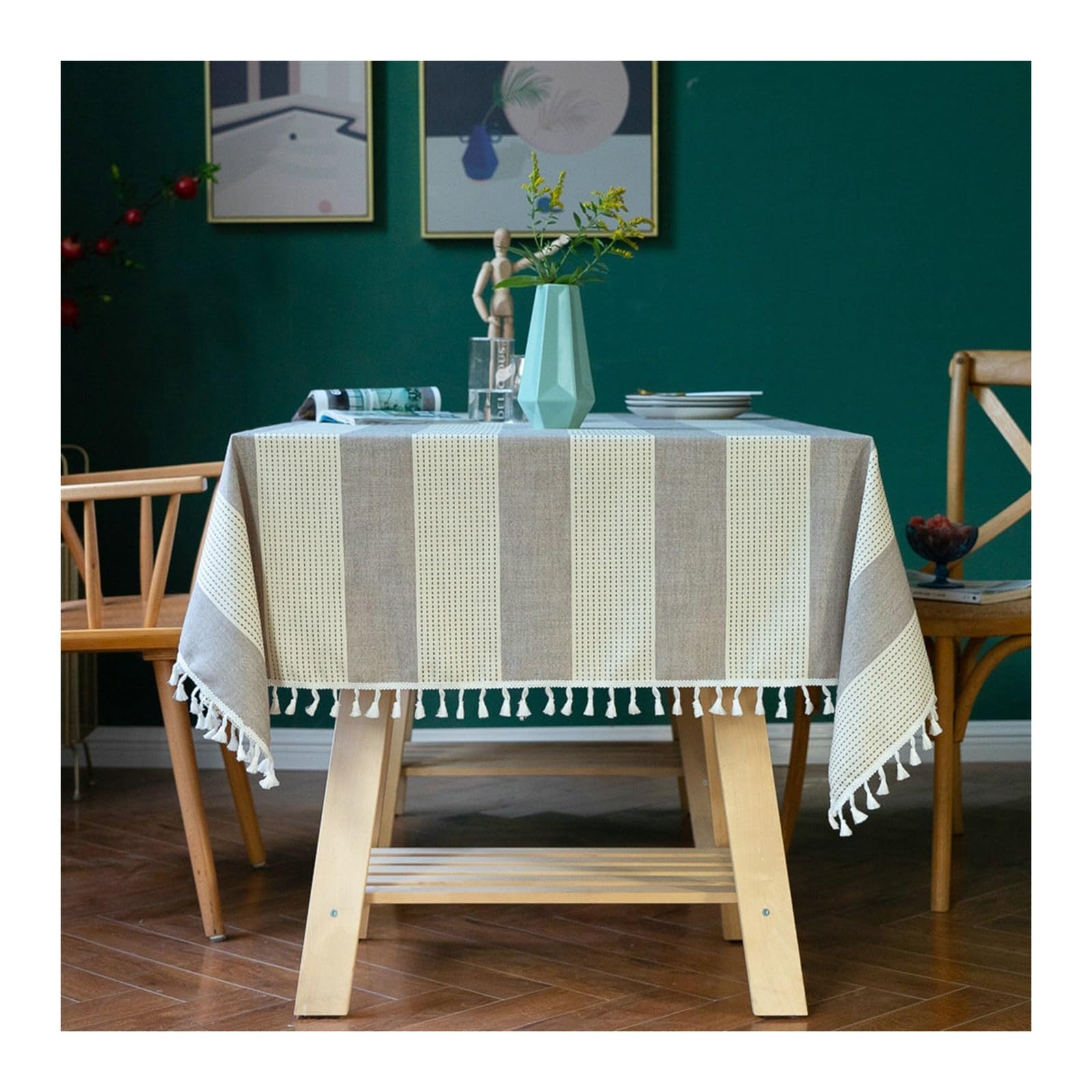 Nappe coton lin KnSam 140x180cm beige café à franges