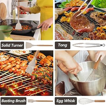 12 Pcs Kitchen Utensil Set, Silicone Cooking Utensils Set with Wooden Handle, Heat Resistant, Nonstick Cookware Tongs Spatula Spoon Set with Storage Bucket for Home, Camping, Dishwasher Safe (Khaki)