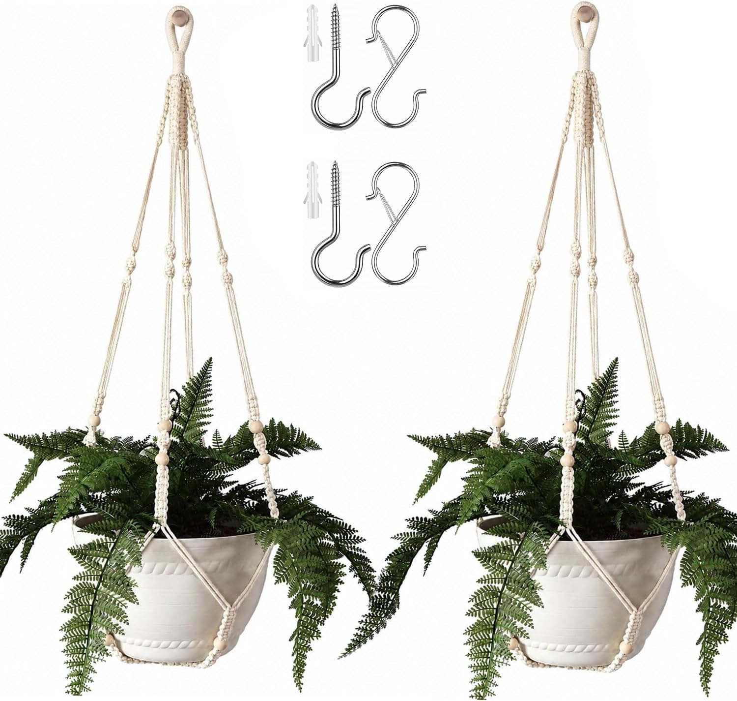 Bouqlife 43 Inches Macrame Plant Hanger Large for 14 inch Pot Extra Long No Tassel Cotton Rope Hanging Plant Holder with Ceiling Hooks Bohemian Home Décor Beige 2Pack