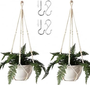 Bouqlife 43 Inches Macrame Plant Hanger Large for 14 inch Pot Extra Long No Tassel Cotton Rope Hanging Plant Holder with Ceiling Hooks Bohemian Home Decor Beige 2Pack