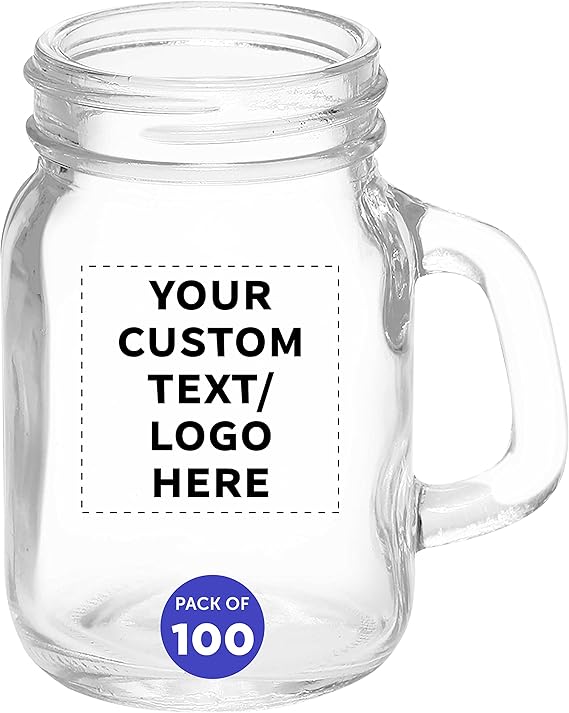 Custom Mason Jar with Handle Set 4.5 oz. Set of 100, Personalized Bulk Pack - Sampler Glasses, Glass Jars for Overnight Oats, Candies, Fruits, Pickles, Spices, Beverages - Clear