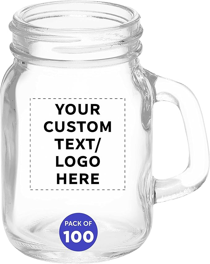 Custom Mason Jar with Handle Set 4.5 oz. Set of 100, Personalized Bulk Pack - Sampler Glasses, Glass Jars for Overnight Oats, Candies, Fruits, Pickles, Spices, Beverages - Clear