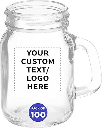 Custom Mason Jar with Handle Set 4.5 oz. Set of 100, Personalized Bulk Pack - Sampler Glasses, Glass Jars for Overnight Oats, Candies, Fruits, Pickles, Spices, Beverages - Clear