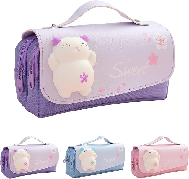 Pencil Case,Multi Compartments Large Capacity Pencil Pouch Pen Bag for Teen Girl Women,Students Adults Stationery Organizer Makeup Bag (Purple)