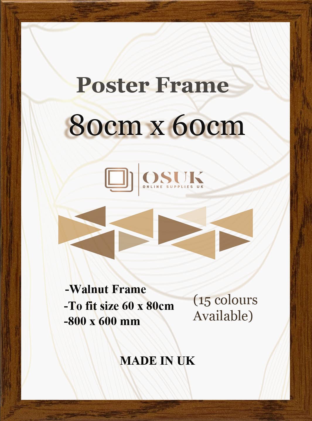 OSUK 80x60cm Walnut Poster Frame - Large 80 x 60cm Photo Frame 800x600mm Frame with Clear Perspex Front & Wall Mount Hooks - 60cm x 80cm Picture Frames