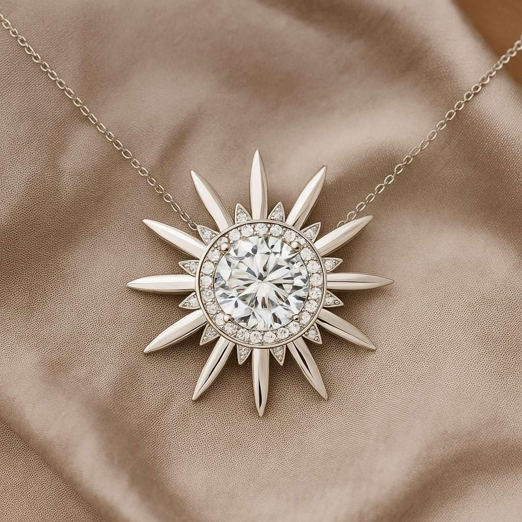 Lab Grown Round Diamond Sunburst Halo Pendant Necklace with Diamonds | 14K Gold or 925 Sterling Silver | April Birthstone Jewelry Gift for Women