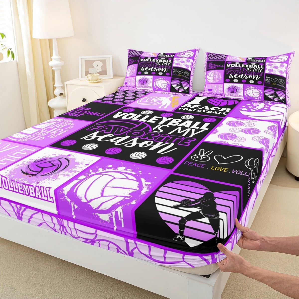 Kids Volleyball Fitted Sheet Twin Size Balls Sports Bedding Set 2pcs for Girls Teens Boys Bedroom Decor Fashion Geometric Patchwork Plaid Bed Sheet Purple Black Deep Pocket Sheet,1 Pillowcase