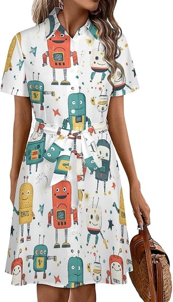 Button Down Shirt Dresses for Women 2025 - Cute Colorful Robot Print Short Sleeve Midi Dresses with Belted
