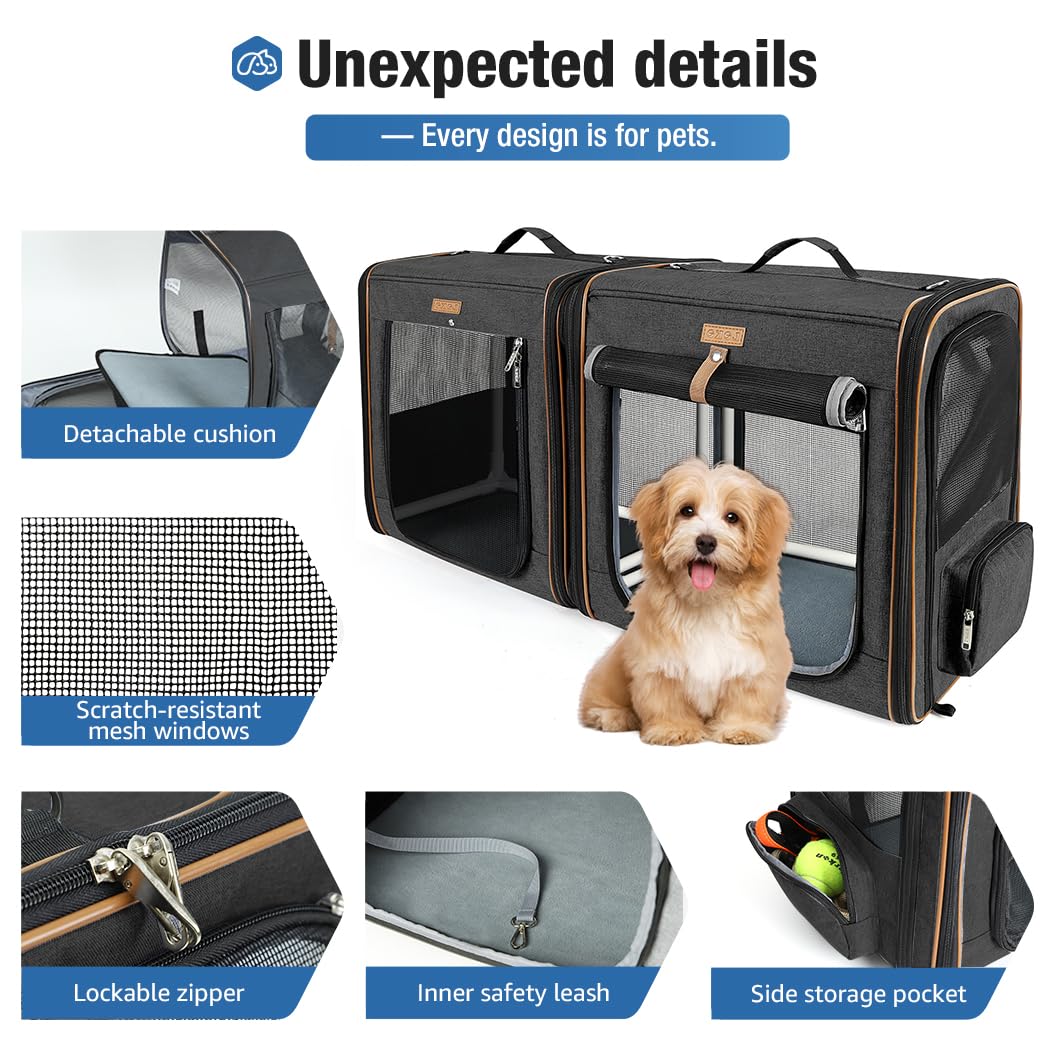 Lekeinchi 2-in-1 Hundebox Transportbox Katze für Mittelgroßes Haustier, Faltbare Katzentransportbox mit Starker Faserrahmen, Katzentoilette, 2 Schalen, 2 Haustiermatte, Groß, Schwarz（XL）