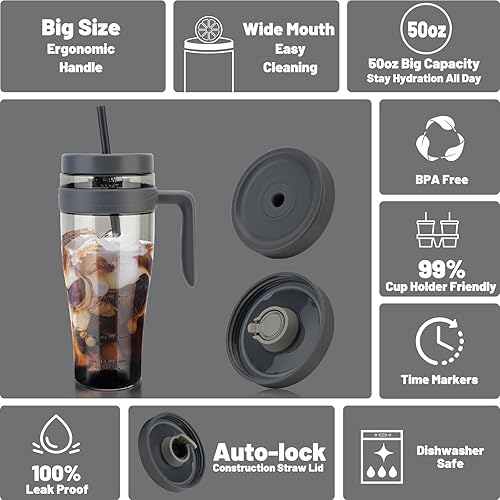 Miniatura 2 de Hydraful Vaso Tritan de 50 onzas con asa, tapa a prueba de fugas y popote, botella de agua de plástico reutilizable con marcador de tiempo, para