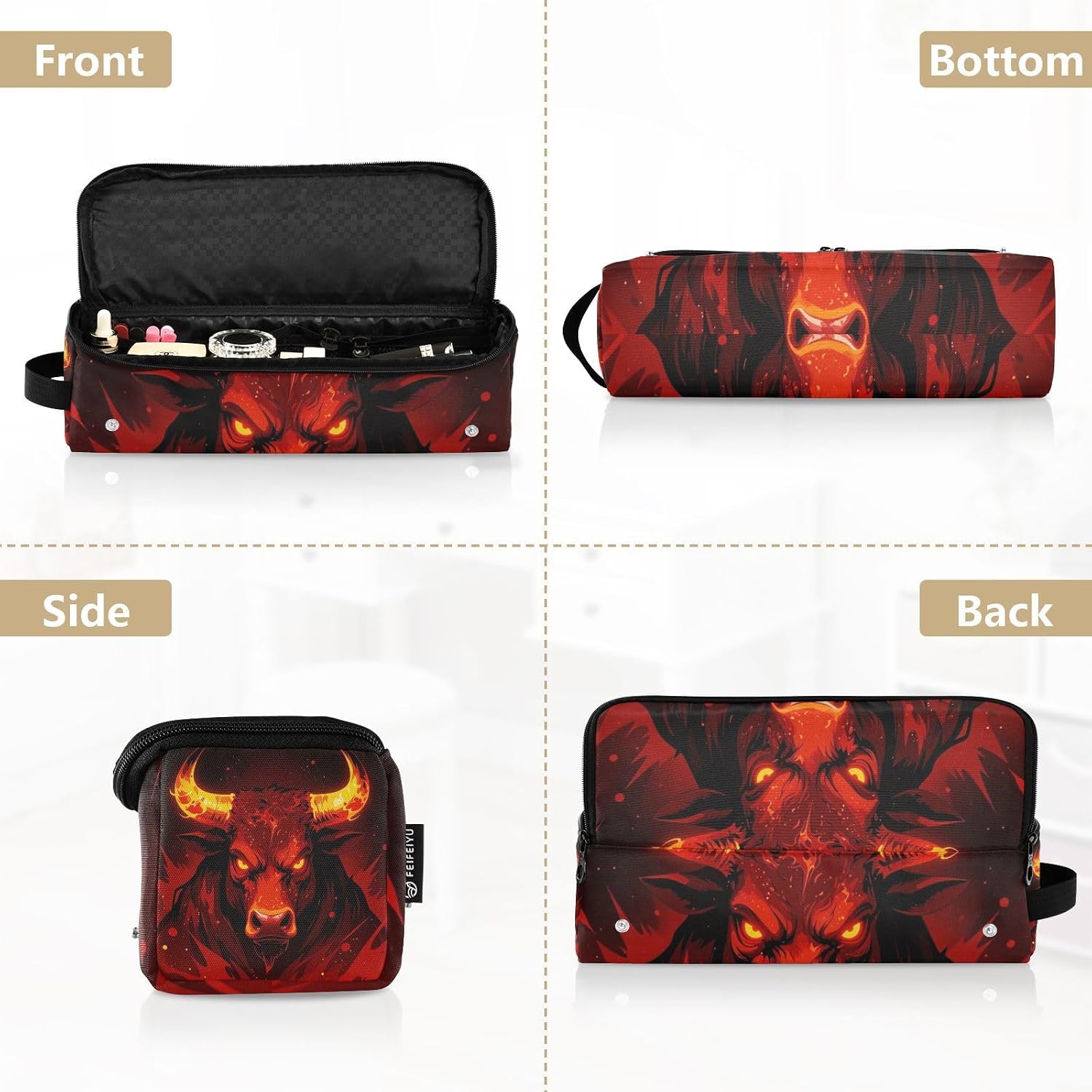 2-in-1 Curling Iron Travel Case and Heat Resistant Mat with Zipper Curling Iron Travel Holder Storage Bag for Flat Hot Tools and Haircare Accessories Fire Bull Red Black Gothic Art Bag for image 5