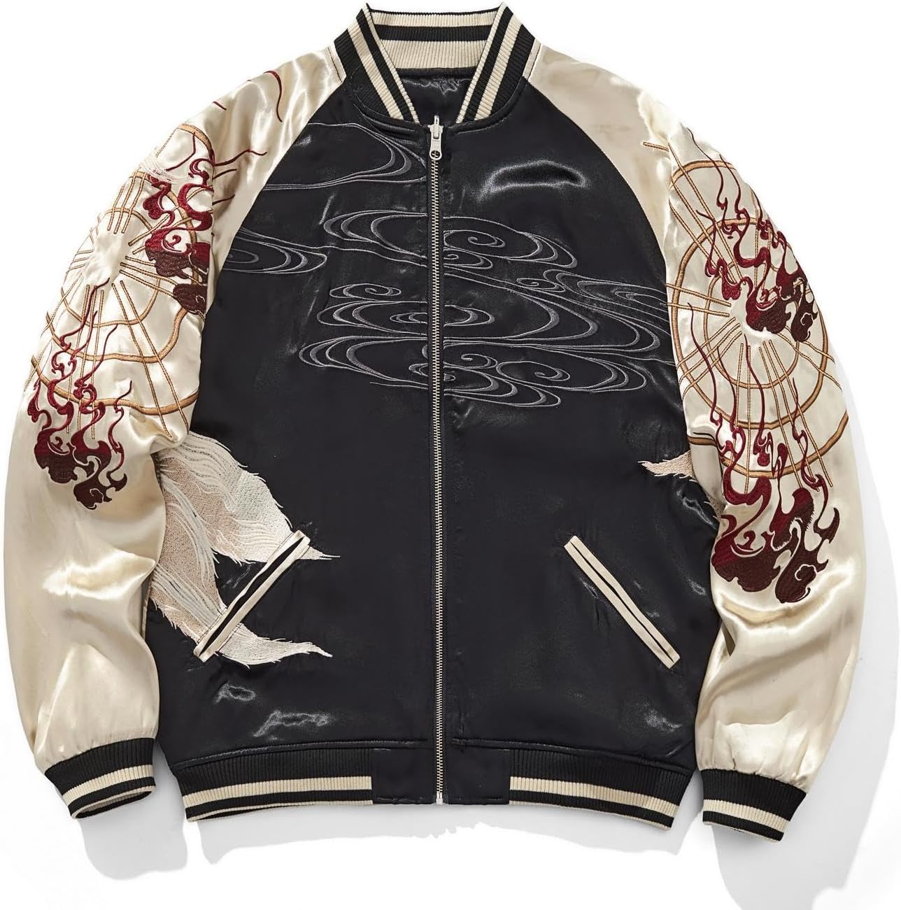 Nine-Tailed Fox Embroidered Bomber Jacket Japanese Streetwear Satin Windbreaker Coat for Women Men - Image 3