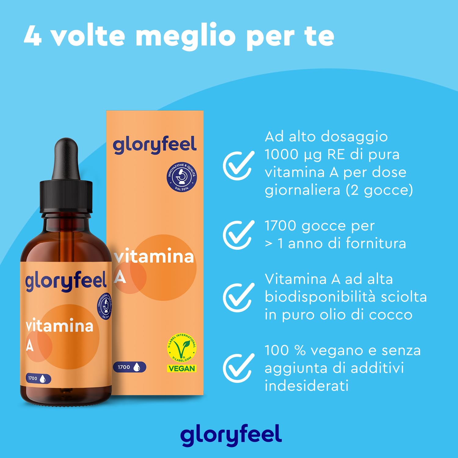 Vitamina A Gocce 3.333 UI 1.000µg, Integratore Vitamina A Pura 50 ml (1700 Gocce), Vitamina A da Palmitato di Retinile, Vitamina A Retinolo in Gocce in Olio TCM, Integratore Pelle & Vista Vit A