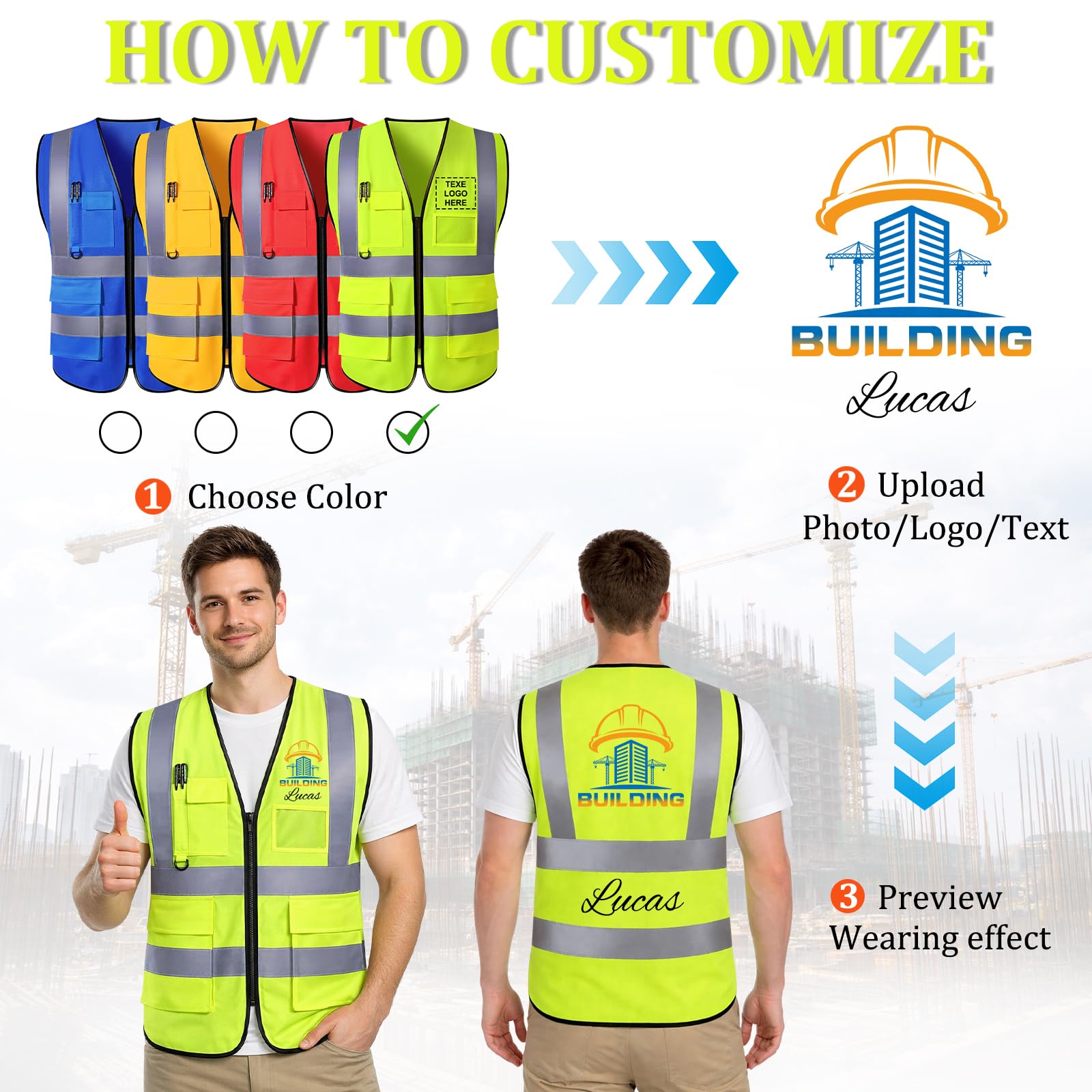 Chaleco de Seguridad Personalizado con Logotipo para Hombre— Chaleco de Trabajo Reflectante con Bolsillo — Chaleco de Alta Visibilidad (Tallas S-5XL)