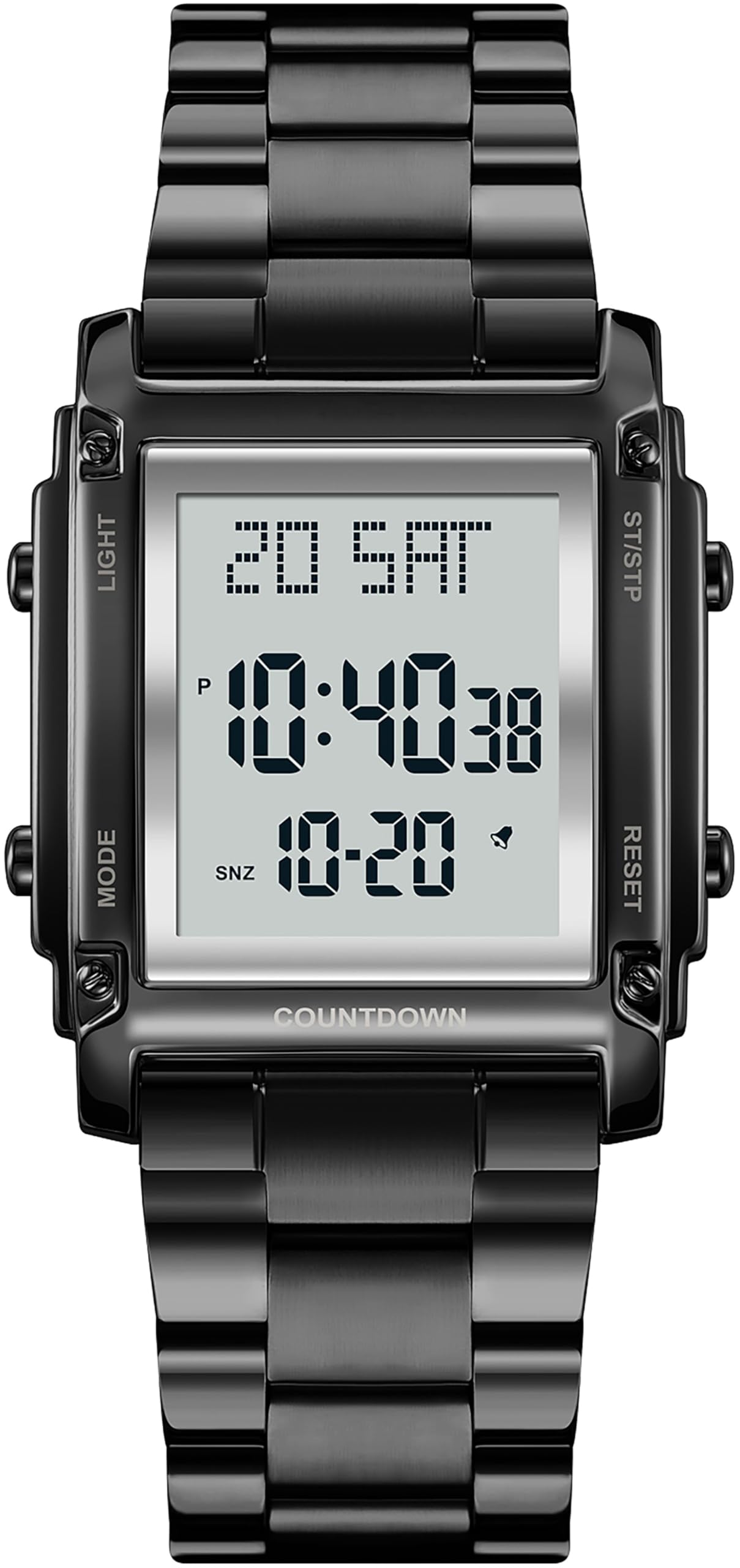 findtime Orologio da polso digitale da uomo, al quarzo, numeri grandi, lussuoso, cinturino in metallo, LED, doppio orario, data 12/24h, cronometro Coutdown, uomini anziani