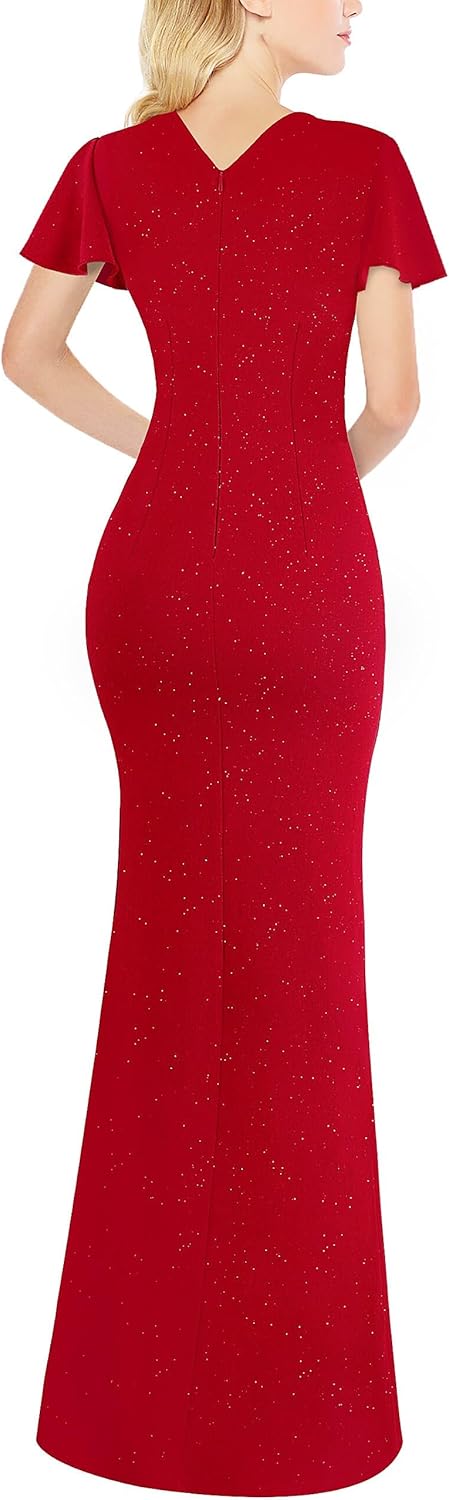 VFSHOW Womens Ruched Wrap V Neck Ruffle Formal Prom Peplum High Slit Maxi Dress 2023 Wedding Guest Cocktail Evening Long Gown - Image 2