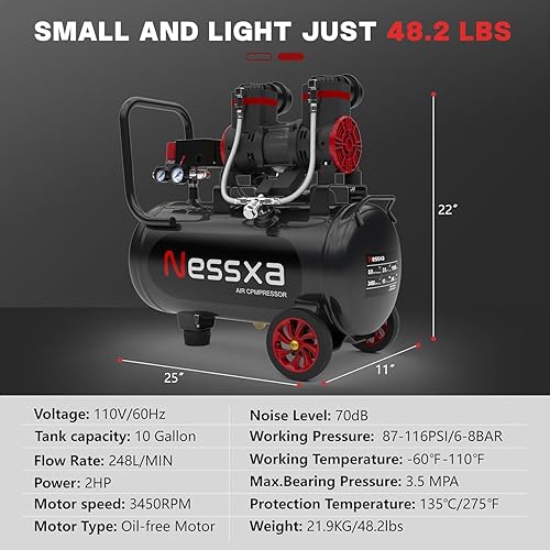 Miniatura 7 de Compresor de aire ultra silencioso de 10 galones con dos acopladores rápidos, 2HP 8.76 CFM 115PSI, tanque de compresor de aire sin aceite, compresor