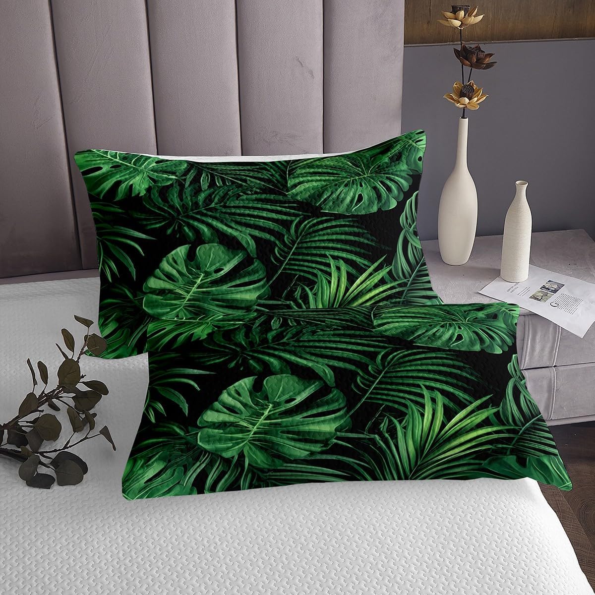 Erosebridal Palm Leaves Coverlet Sets Green Watercolor Tropical Plants Bedspread Sets King Size for Kids Boys Girls,Summer Hawaii Jungle Botanical Quilt Set Monstera Banana Leaves Bed Set