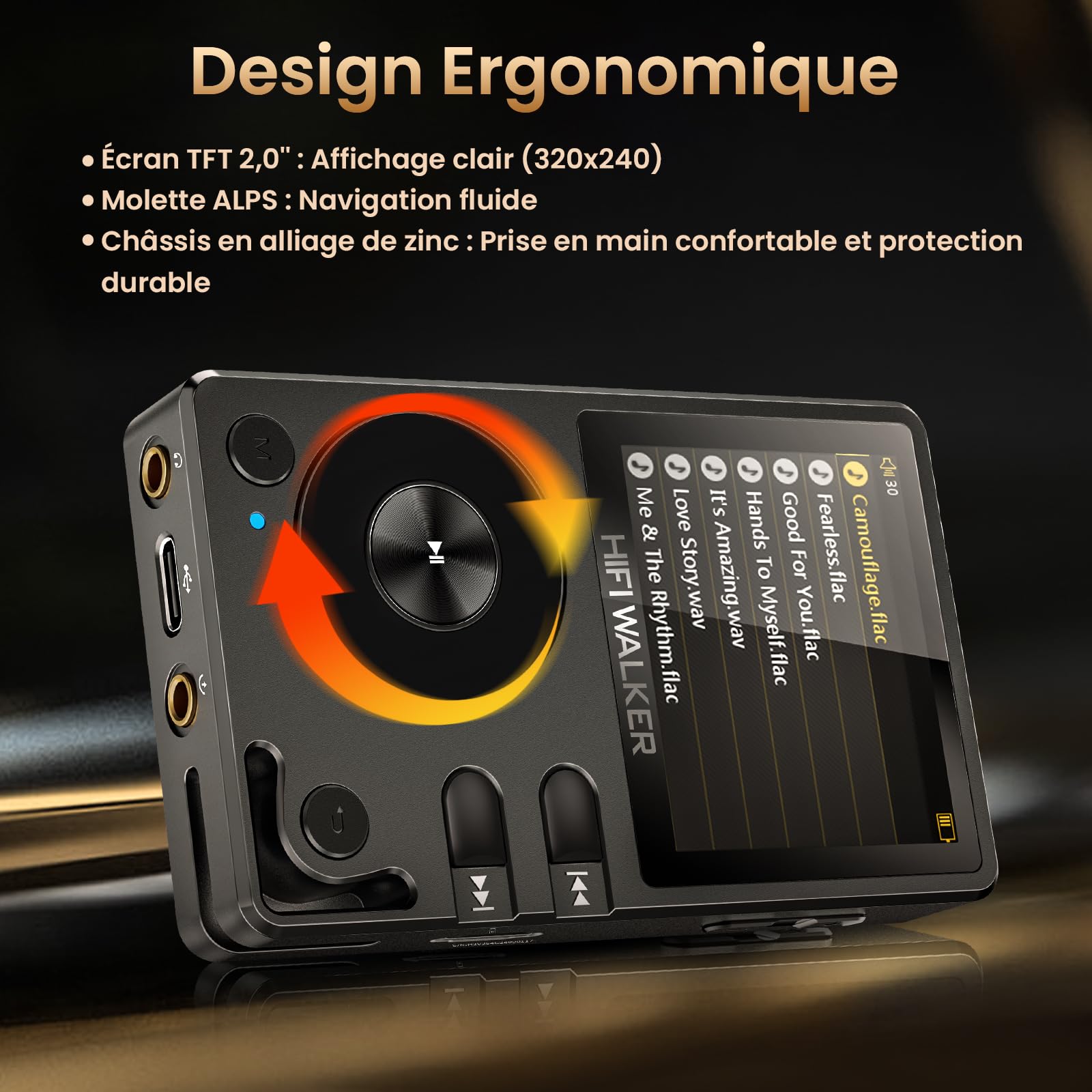 HIFI WALKER H2 128GO Lecteur MP3 Audiophile, Hi-Res FLAC/DSD, DAC, Bluetooth 5.2, Extensible Jusqu’à 512 Go, Boîtier Zinc Solide, Régulateur Alps
