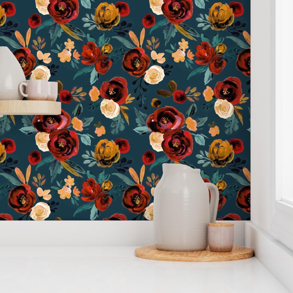 Peel & Stick Wallpaper 3ft x 2ft - Red Rose River Teal Blue Fall Autumn Floral Flowers Gold Custom Removable Wallpaper by Spoonflower