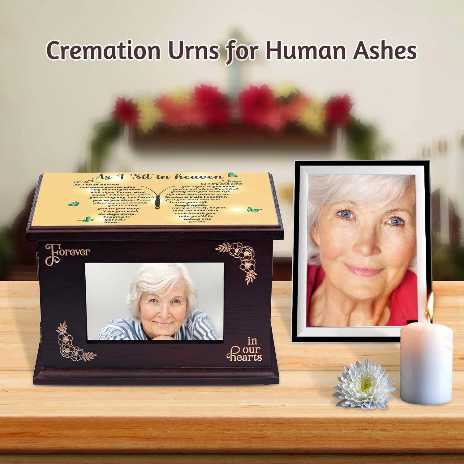 Cremation Urns for Human Ashes Adult Male Female Wooden Urns with Photo Frame for Women Men Funeral Memorial Decorative Wood Urns for Ashes Large Burial Urn Box and Casket Up to 250 IBS (Butterfly) - Image 6