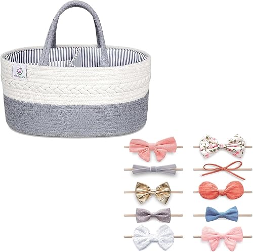 KiddyCare Diaper Caddy Organiser Grey Regular Size And Hairbands and Bows for Baby Girls, Elastic Hairbands Baby Bows