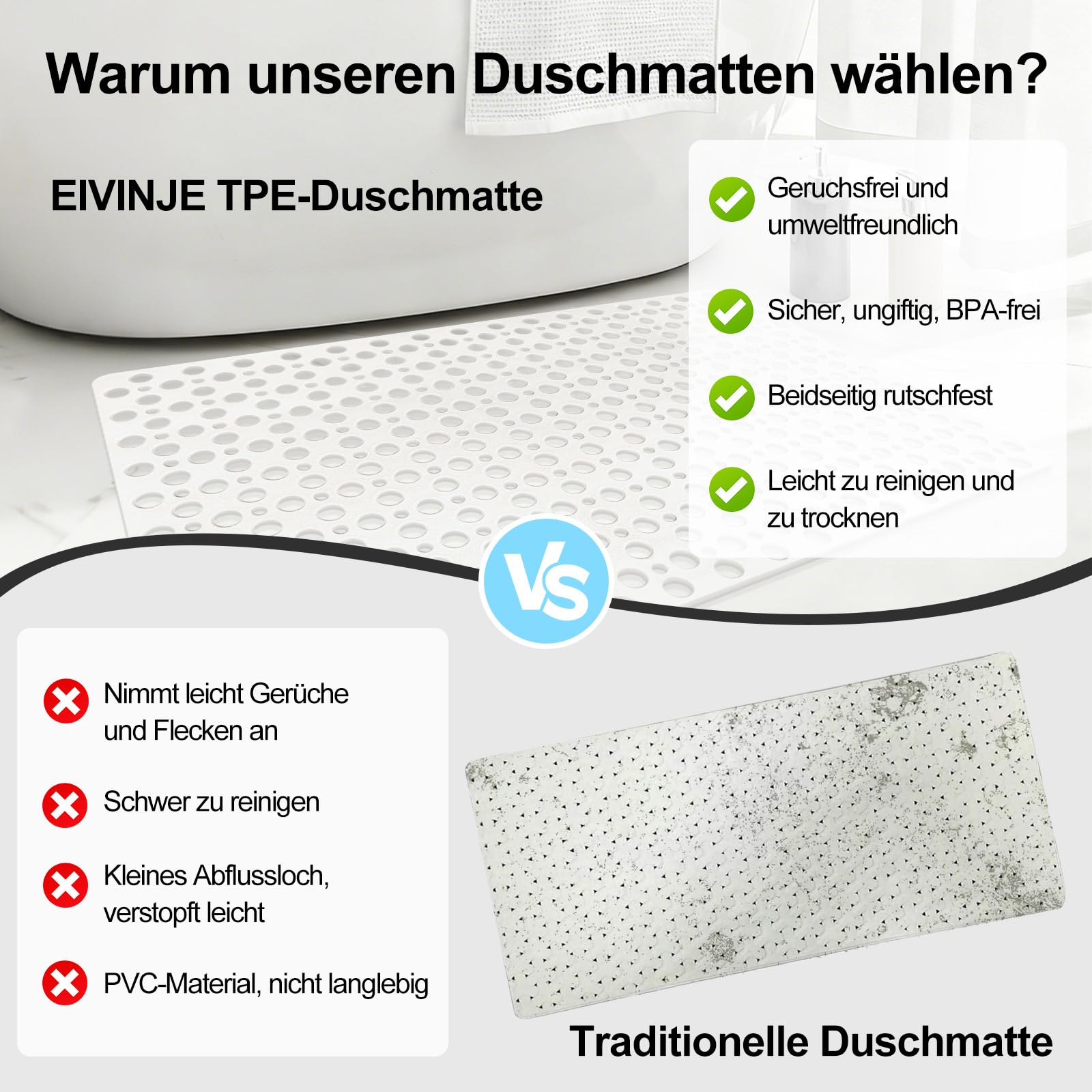 Alfombrilla de ducha antideslizante de 60 x 90 cm – Alfombrilla antideslizante para la ducha de material TPE suave con ventosas y grandes agujeros de drenaje, secado rápido y lavable a máquina