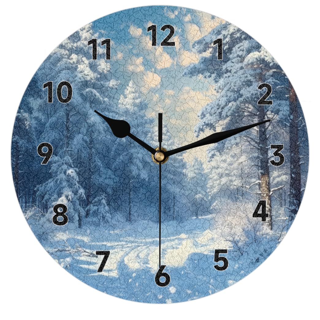 Snow Road Tree Wall Clock Non-Ticking Silent Round Wall Clocks Battery Operated Modern Home Decor for Living Room Bedroom Classroom Office Bathroom