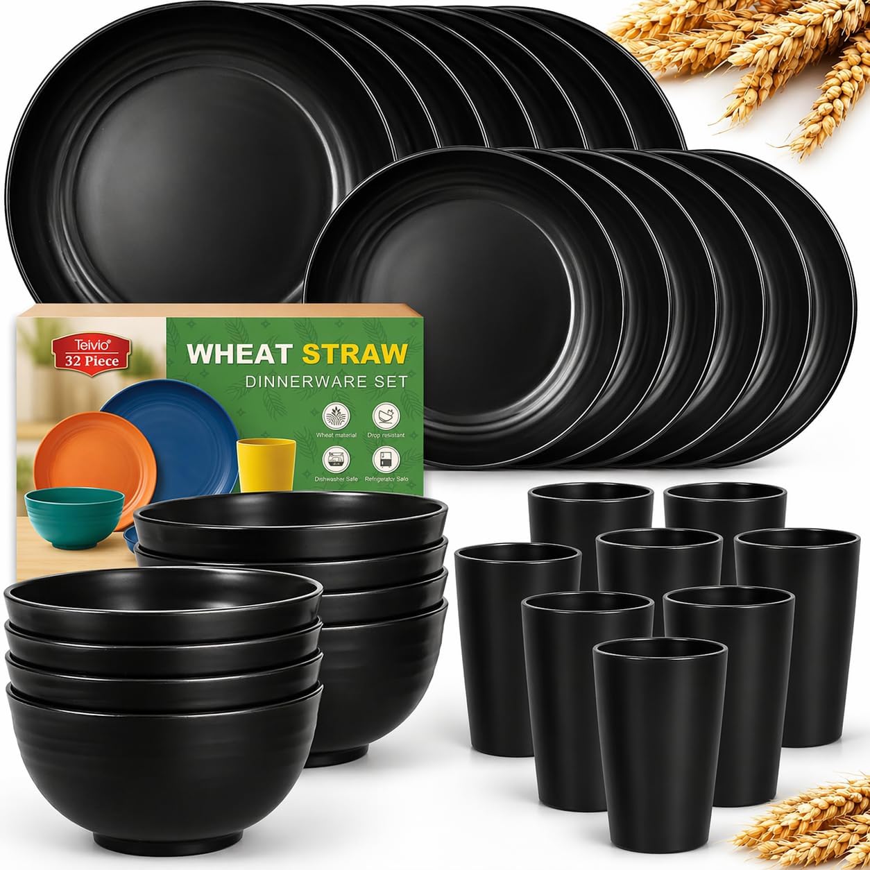 Teivio 32-Piece Kitchen Plastic Wheat Straw Dinnerware Set, Service for 8, Unbreakable Modern Dish Set - Dinner Plate/Dessert Plate/Cereal Bowl/Cup, for Apartment Essentials, Outdoor Camping, Black
