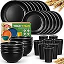 Teivio 32-Piece Kitchen Plastic Wheat Straw Dinnerware Set, Service for 8, Unbreakable Modern Dish Set - Dinner Plate/Dessert Plate/Cereal Bowl/Cup, for Apartment Essentials, Outdoor Camping, Black