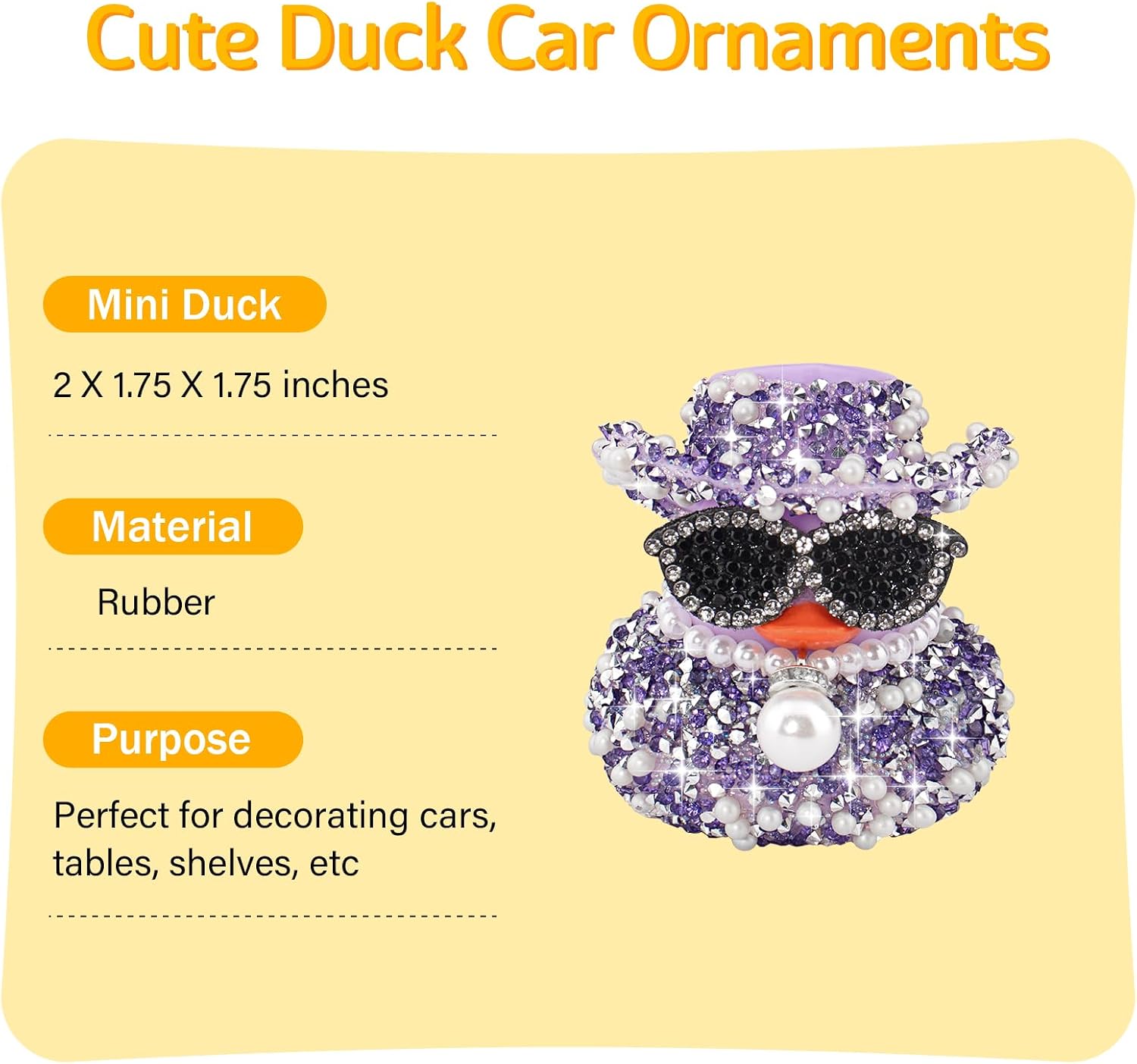 wonuu Diamond Rubber Duck Car Dashboard Decoration, Cowboy Ducks Car Dash Accessories Ornament with Cowboy Hat, Sunglasses, Pearl Pendant Necklace (Purple)