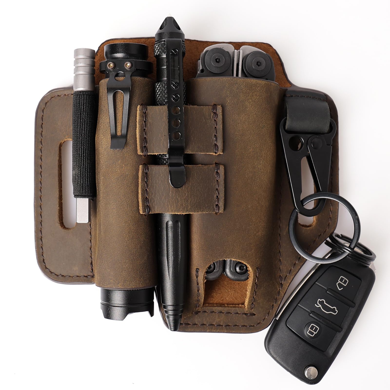 Gentlestache Multitool Leather Sheath for Belt, EDC Organizer, Multitool Pouch,Leather EDC Sheath with Elastic Band Pen Holder, Flashlight Holder and