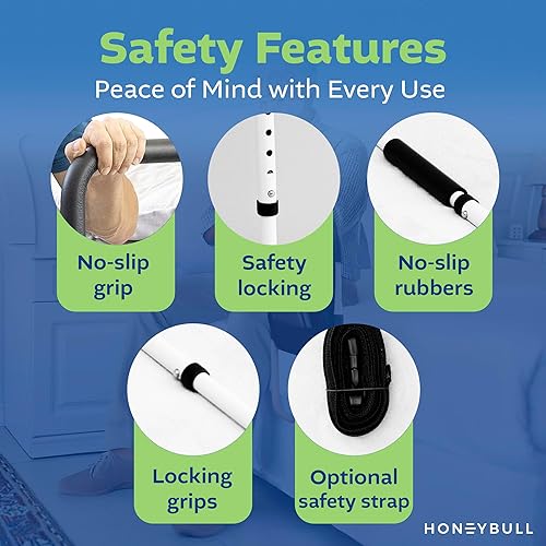 Miniatura 5 de HONEYBULL Rieles de cama para adultos mayores, riel de asistencia de cama médica con barra de apoyo, bolsa de almacenamiento y correa de seguridad,