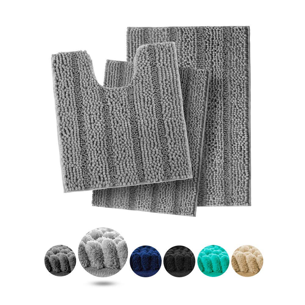 Hakuna Extra Soft Light Grey Bathroom Rugs and Mats Set 3 Piece, Bathroom Rug Set Light Gray, Thick Chenille Bath Rugs Non Slip, Absorbent Shaggy Bath Mats for Bathroom, Machine Washable