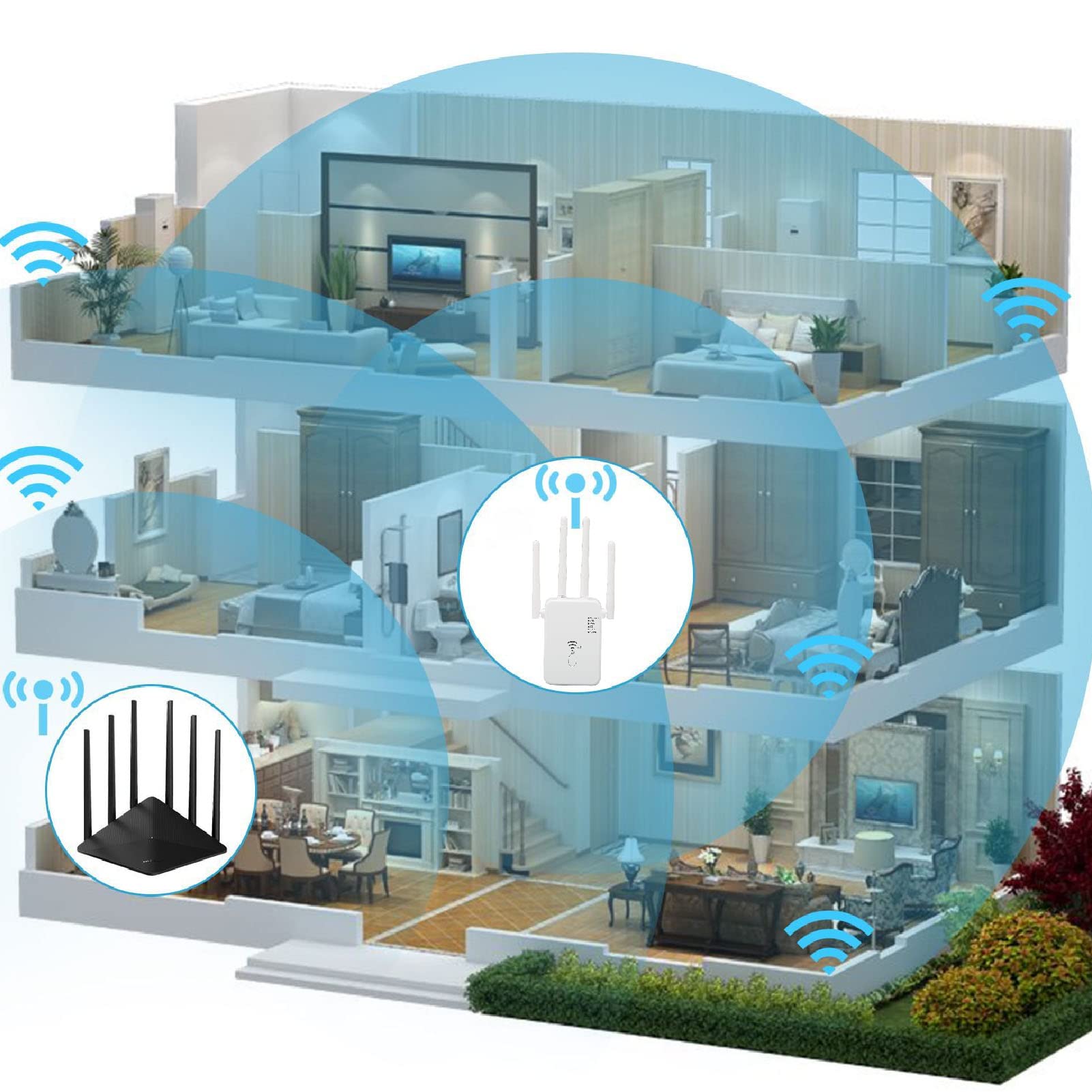 Yunseity Extension WiFi, Amplificateur WiFi Double Bande 5G Prend en Charge Plus de 105 Appareils, Répéteur de Signal sans Fil avec Port Ethernet, Amplificateur de Signal (Prise UE)