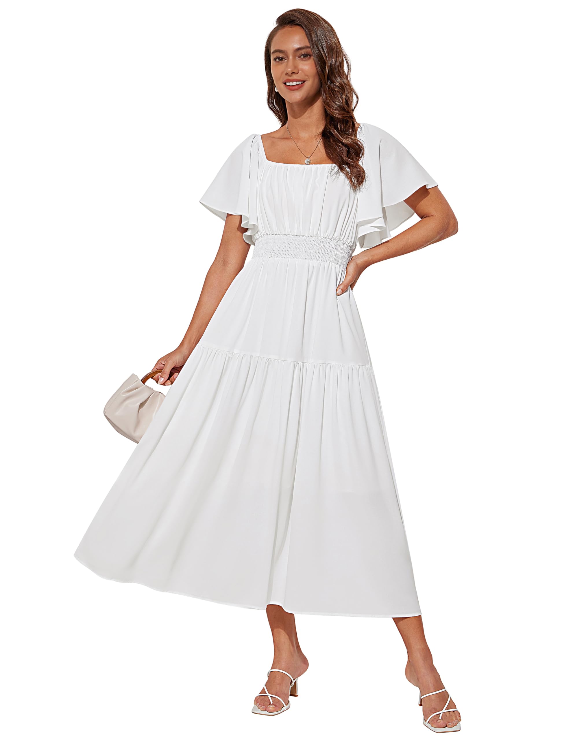 GRACE KARIN Robe Maxi Femme Chic Col Carré Manches Courtes Bouffantes Taille Élastique Robe d'Été A-Line Blanc L