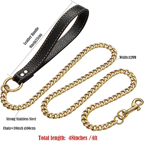 Miniatura 4 de Correa de perro de cadena de oro de acero inoxidable fuerte, con mango de cuero, correa de cadena de eslabones NK chapada en oro de 18 quilates de