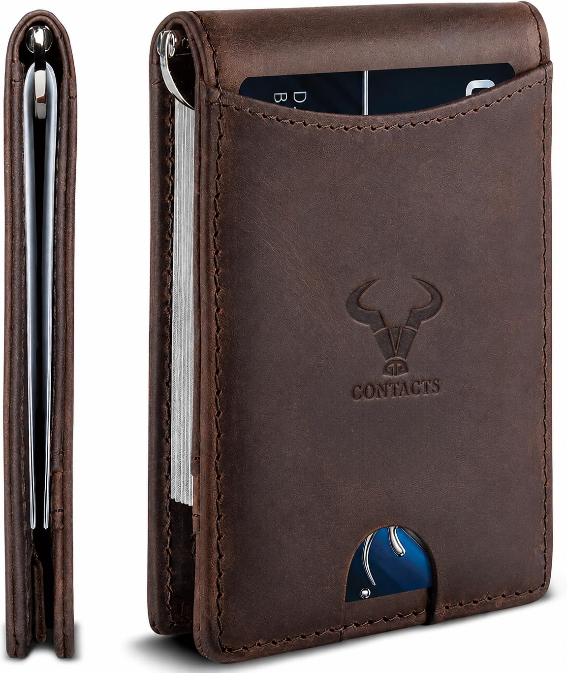 Contacts Genuine Leather Money Clip Wallet Slim Front Pocket RFID Blocking Card Holder Minimalist Mini Bifold for Men's with Smart Pull Strap 8 Card Slots Photo ID (Brown)