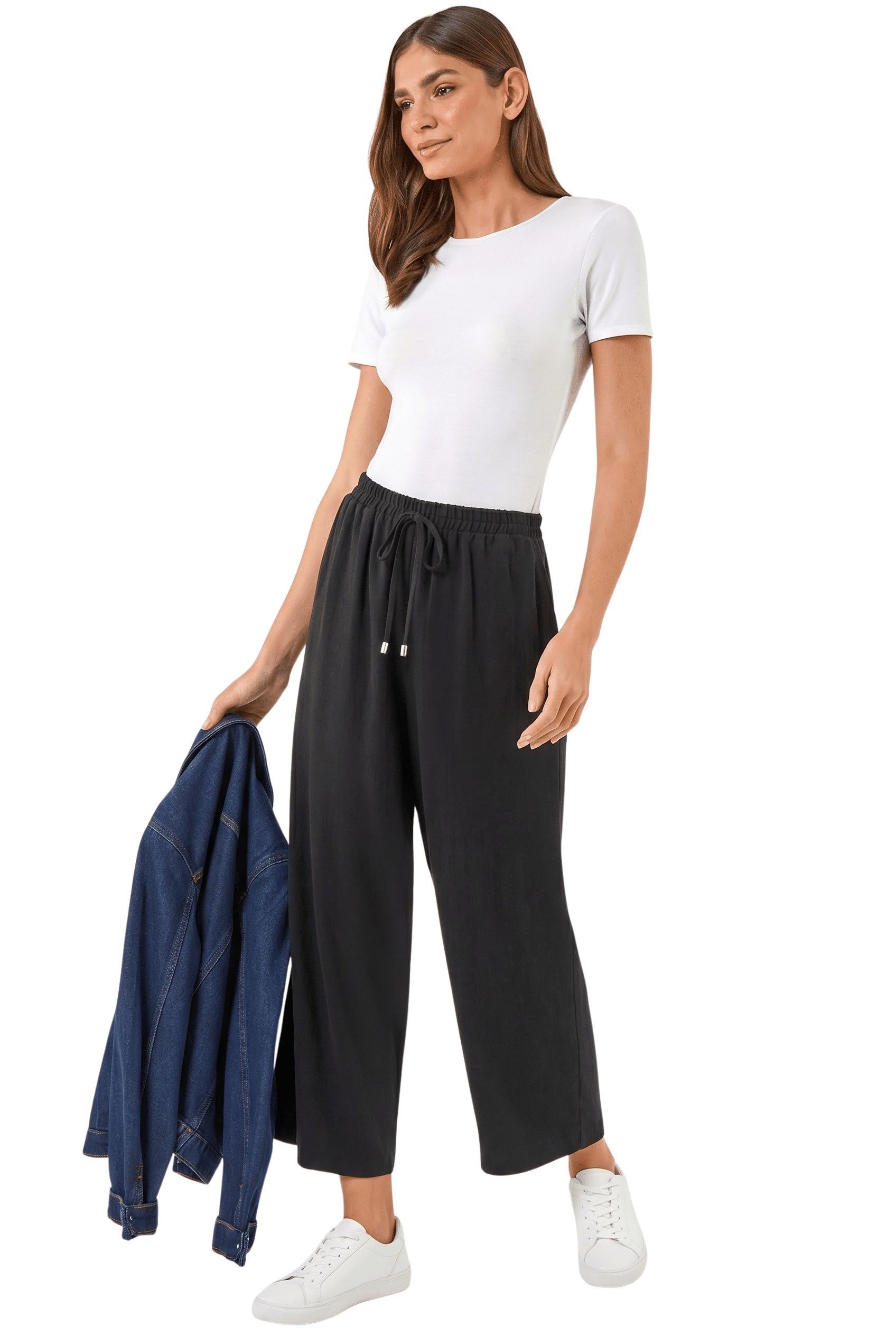 Roman Linen Mix Wide Cropped Trousers for Women UK Ladies Spring Everyday Summer Break Elasticated Waist Comfy Pocket Detail Soft Lightweight Pants Vacation - Noir - Size 12