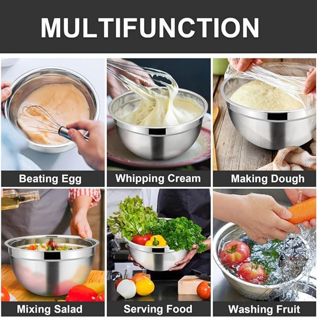 The thickened silicone bottom mixing bowl set and stainless steel basin baking set are perfect for serving and baking 5 pieces, black