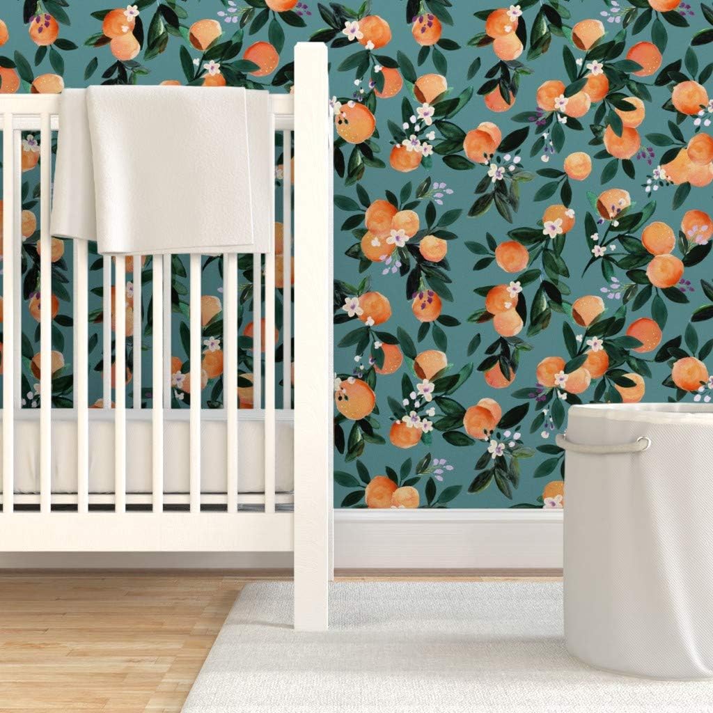 Peel & Stick Wallpaper 3ft x 2ft - Clementine Oranges Teal Flowers Orange Citrus Fashion Pretty Custom Removable Wallpaper by Spoonflower
